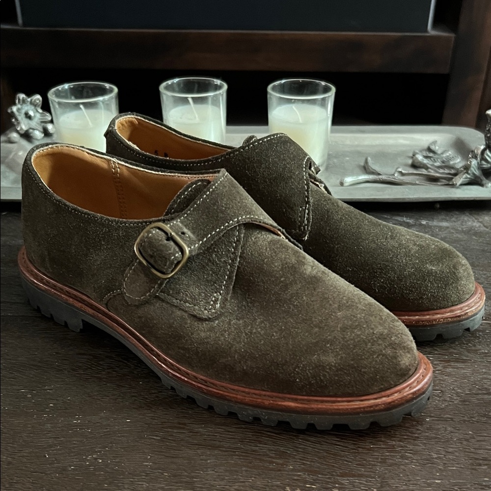 Rare Vintage Ralph Lauren Country Olive Green Suede Loafer Shoes with Buckle